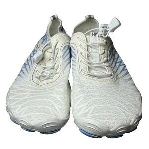 HF Women White Blue Barefoot Water Shoes Bungee Lace Lightweight Beach Swim